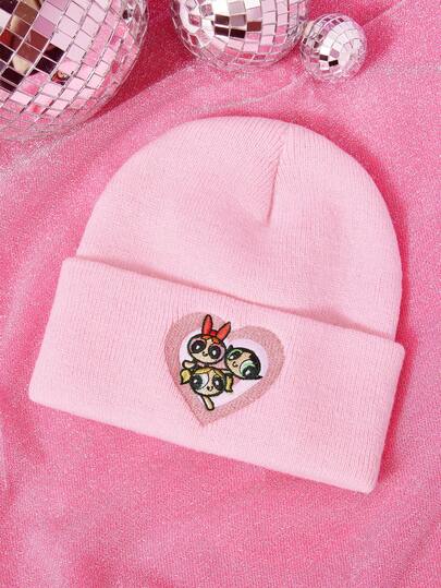 THE POWERPUFF GIRLS X SHEIN 1pc Knitted Beanie Hat With Cartoon Embroidery Pattern, Fashionable Street Riding Gift Choice