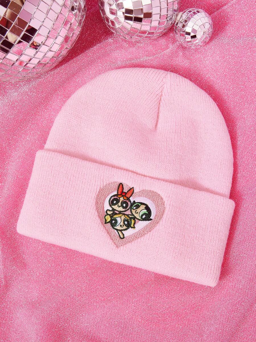 THE POWERPUFF GIRLS X SHEIN 1pc Knitted Beanie Hat With Cartoon Embroidery Pattern, Fashionable Street Riding Gift Choice - A - View 1