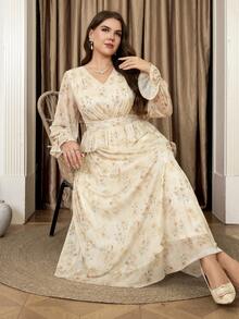 Veilorie Plus Size Elegant Floral Print Ruffle Hem Long Sleeve Dress, Autumn - Multicolor - View 5
