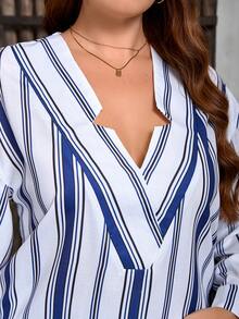 EMERY ROSE Plus Size Striped Long Sleeve V-Neck Elegant Casual Shirt, Suitable For Spring/Summer - Blue and White - View 3
