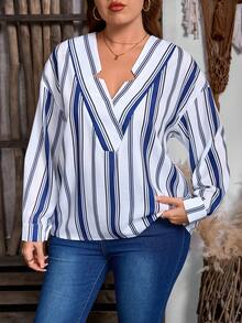 EMERY ROSE Plus Size Striped Long Sleeve V-Neck Elegant Casual Shirt, Suitable For Spring/Summer - Blue and White - View 4