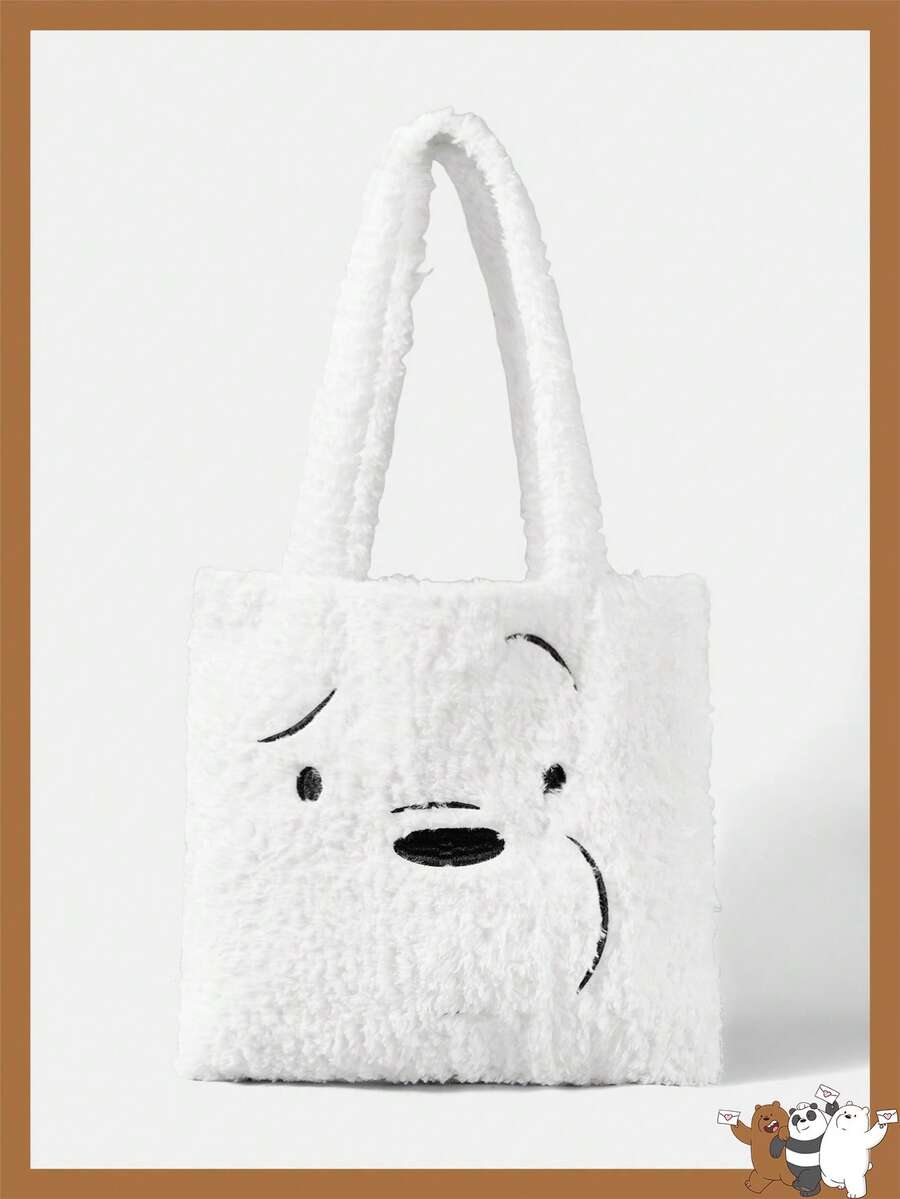 We Bare Bears X SHEIN 可爱的卡通毛绒手提袋 - 白色 - 查看 1