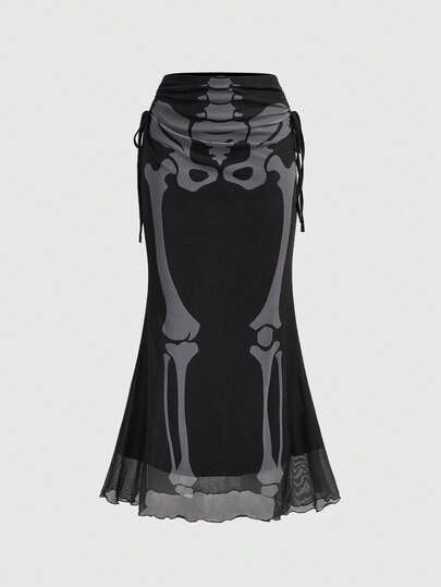Goth Falda midi entallada con estampado de esqueleto gótico para mujeres