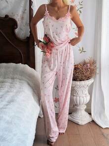 CottageSlumber Bộ đồ ngủ nữ dệt kim gân màu hồng họa tiết hoa nhí phối ren xếp nếp nơ thanh lịch lãng mạn gợi cảm gồm áo hai dây và quần dài, có thể mặc ngoài. - Hồng - Xem 3