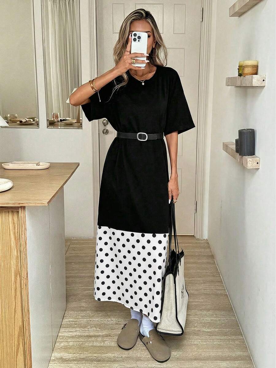 SHEIN LUNE Vestido midi feminino casual de verão com estampa de bolinhas e patchwork, ideal para férias, trabalho e uso diário. Manga curta. - Preto e Branco - Ver 1