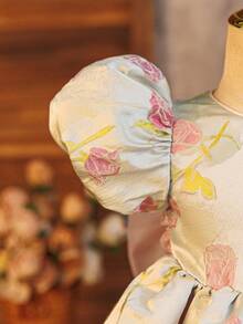 SHEIN Glamorique Kids 女婴公主裙，超大蝴蝶结后背，泡泡袖，粉色，玫瑰花卉提花面料，奢华派对礼服，舞台表演，特殊场合，四季皆宜