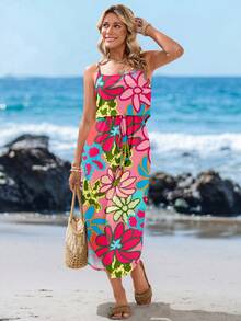 Sylviya 女士彩色几何花卉印花度假风格柔软扎染腰开衩吊带夏季连衣裙 - 彩色 - 查看 4