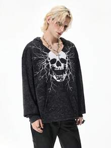 ROMWE MEN Goth Men's Dark Skull Print Casual Pullover Hoodie Sweatshirt - Black and White - View 4