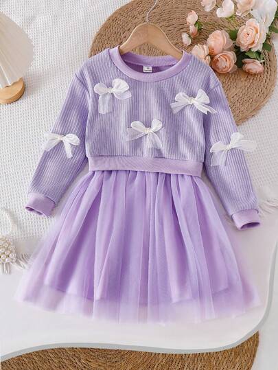 SHEIN Playful Pals 1 st flickklänning med fjärilsdekor och rund halsringning och långärmad meshkant, fräsch och elegant mode, söt och söt, lämplig för höst/vinter