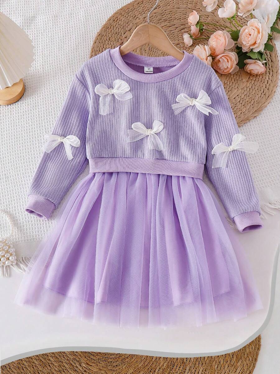 SHEIN Playful Pals فستان بياقة مستديرة وأكمام طويلة وذيل من الشبك مزين بالفراشات للبنات، طراز طازج وأنيق، جميل وحلو، مناسب للخريف/الشتاء