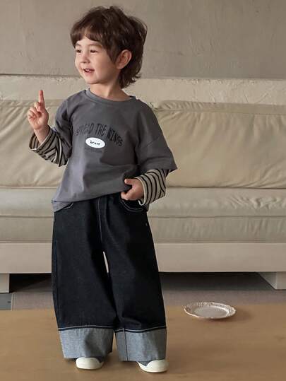 DAZY Ung pojke Casual Vardag Pendling Minimalistiska Resår Midja Muddad Fåll Lösa Vida Jeans