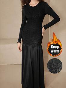 Graceveil Textured Fabric Patchwork Solid Color Round Neck Waist Cinched Elegant Party Dress - Black - View 1