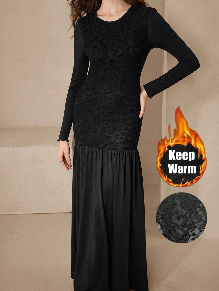 Graceveil Textured Fabric Patchwork Solid Color Round Neck Waist Cinched Elegant Party Dress - Black - View 1