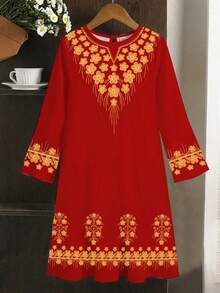 Robe ample à manches longues col rond pour jeunes filles, avec broderie florale élégante vintage et imprimé de dentelle. Couleur bordeaux avec imprimé de dentelle dorée. Convient pour le printemps/été, les occasions festives, les célébrations rouges, les jours fériés heureux