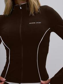 Musera Sport 运动撞色滚边拉链运动外套，适合运动健身、休闲场合穿着。 - 巧克力棕 - 查看 6