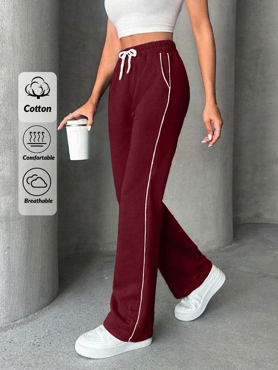 Women's Drawstring Waist Pockets Casual Sweatpants - Burgundy - View 1