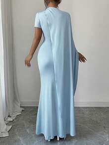 Elenzga Sukienka damska na wiosnę/lato, nowa, elegancka, minimalistyczny i wszechstronny fason rękawów w stylu bliskowschodnim, jasnoniebieska, z krótkim rękawem i ściągaczem w talii - Niebieski - Zobacz 2