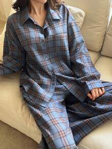 DAZY 女士格子睡衣套装，宽松长袖衬衫搭配长裤，适合秋冬季和圣诞节穿着。 - 藍色 - 查看 3