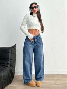 SHEIN PETITE HIGH RISE WIDELEG Y2K STYLE JEAN PETITE - Light Wash - View 6