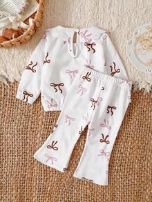 两件套女婴可爱蝴蝶结印花长袖套装，荷叶边领，宽松版型，居家及户外舒适休闲装 - 淡紫色 - 查看 2