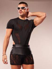 FeverCity 男士网眼拼接性感百搭短袖连体裤 - 黑色 - 查看 7