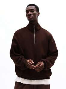 SUMWON 男士半拉链高领套头卫衣，宽松版型，休闲长袖，秋冬款，带刺绣Logo，纯色 - 棕色 - 查看 3
