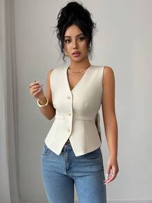 Elenzga 女士纯色蝴蝶结露背V领无袖修身背心，修身显瘦，尽显女性魅力，适合秋冬季穿着，是约会、度假、通勤、情人节、派对等场合的理想之选。 - 杏色 - 查看 4