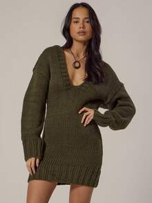 MUSERA Knitted Hooded Vneck Fitted Balloon Sleeve Mini Dress Spring, Girly, Day Outfits, Cute , Casual - Dark Green - View 1