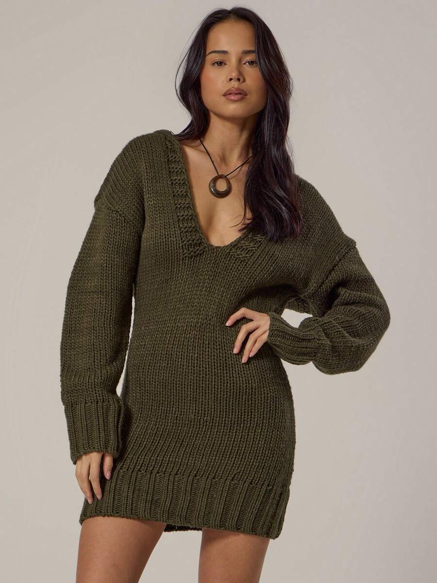 MUSERA Knitted Hooded Vneck Fitted Balloon Sleeve Mini Dress Spring, Girly, Day Outfits, Cute , Casual - Dark Green - View 1
