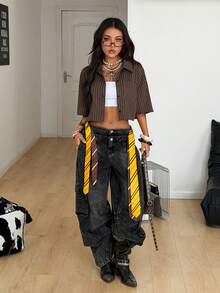 Coolane Women's Spring/Summe Vintage Preppy Crop Plaid Loose Crop Tops Red Shirt For New Years - Coffee Brown - View 2