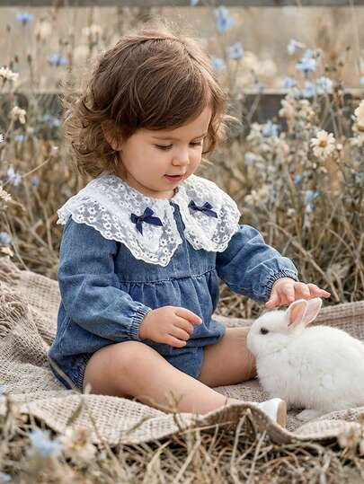 Vintaside Kids Bộ áo liền quần denim ren thêu hoa cổ điển cho bé gái, kiểu dáng thanh lịch với cổ nơ, tay áo phồng phối nhiều mảnh, rộng rãi, thoải mái, đa năng, phù hợp cho các hoạt động giải trí, mặc hàng ngày, cắm trại, họp mặt gia đình, kỳ nghỉ, chụp ảnh, mùa thu/đông và mùa xuân.