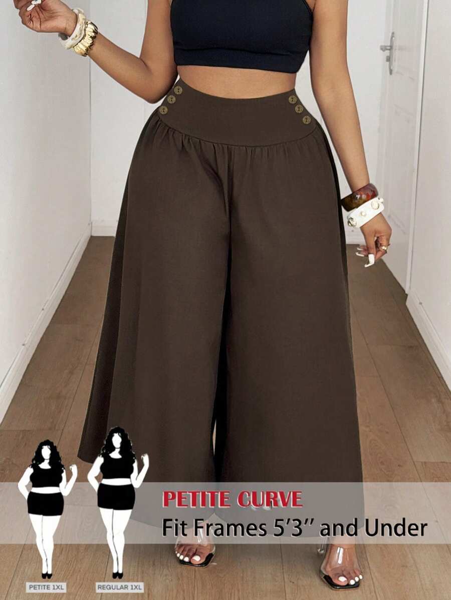 SHEIN PETITE CURVE Pantalones de mujer minimalistas, de diseño de nicho, de uso diario, sueltos y con pliegues, de tela texturizada marrón, adecuados para primavera, verano, otoño e invierno, tallas grandes y pequeñas - Marrón - Ver 1