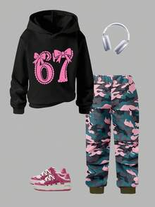 SHEIN Explorewe 两件套休闲时尚女童连帽衫套装，饰有俏皮的数字67图案，包含一件长袖连帽衫和一条宽松运动裤，适合秋冬春季穿着，舒适百搭，可用于休闲穿着、户外活动、上学、聚会、送礼等场合。 - 彩色 - 查看 3
