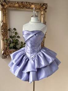 Lovelzi 奢华优雅高贵的白色缎面亮面无肩带收腰双层蛋糕裙，适合单身派对、婚礼、毕业典礼、度假、正式舞会等场合。 - 紫羅蘭色 - 查看 4