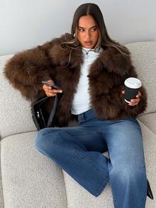 Aloruh Faux Fur Short Jacket, Fashionable Winter Solid Color - Brown - View 4