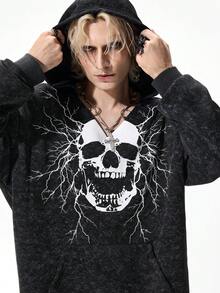 ROMWE MEN Goth Men's Dark Skull Print Casual Pullover Hoodie Sweatshirt - Black and White - View 2