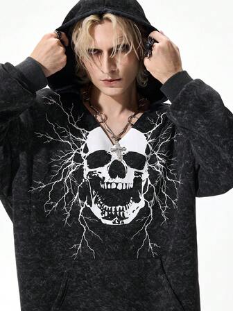 Goth sweat-shirt à capuche décontracté pour homme avec imprimé crâne sombre