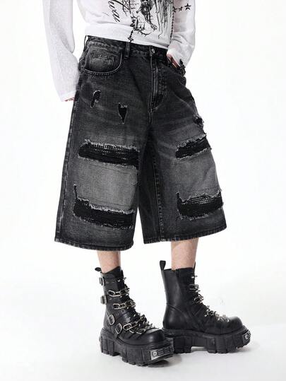 ROMWE MEN Goth Quần short denim ống rộng rách đính đá thời trang nam