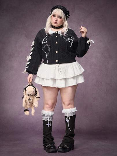 Kawaii Plus Size Y2K Ruffle Hem Mini Skirt, Cute Plush Fabric For Women