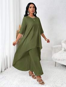 SHEIN Lady 四季秋季女装 白色长袖不规则两件套 女士秋季套装 女士套装 女士服装套装 女士两件套 秋季两件套 返校季 秋季女士套装 白色女士套装 女士服装套装 套装 两件套 婚礼礼服 女士两件套 - 軍綠色 - 查看 3