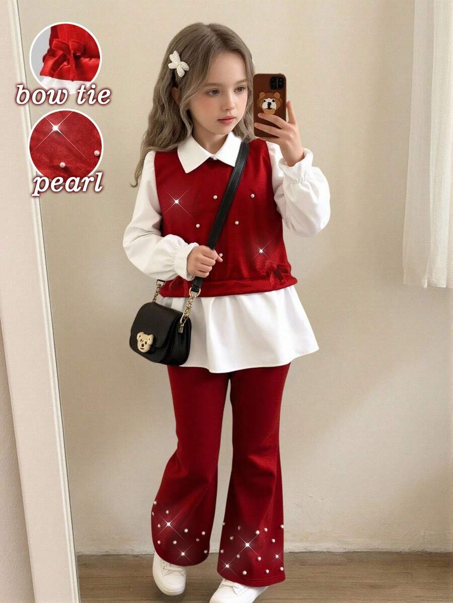 女童春秋休闲装，红色蝴蝶结装饰针织天鹅绒拼布衬衫，荷叶边下摆，搭配仿珍珠喇叭裤，2 件套，适合返校、休闲、时尚、甜美、舒适的户外/旅行穿着