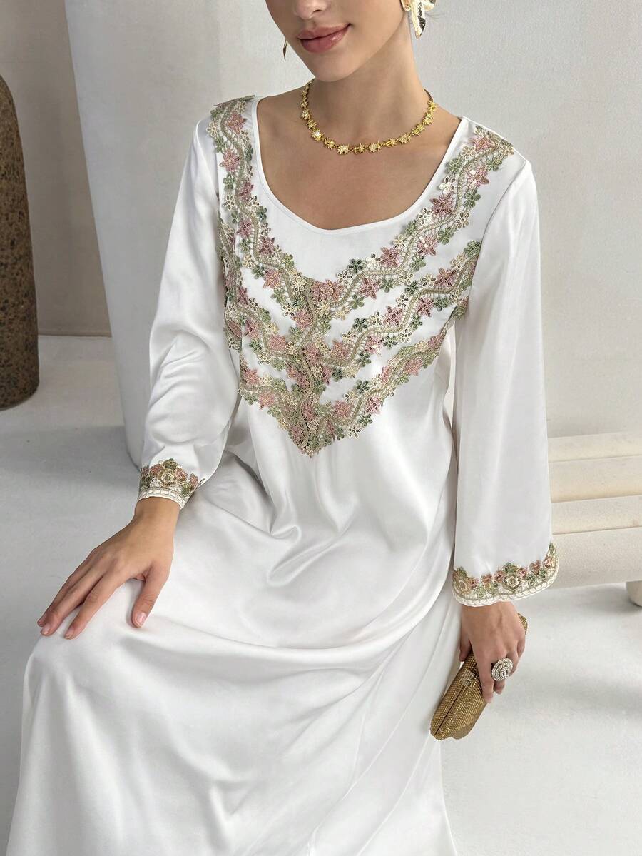 Yasmyna 女士花卉刺绣图案休闲宽松阿拉伯风格喇叭袖连衣裙 - 白色 - 查看 1