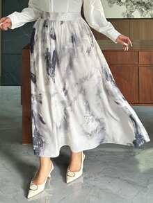 Dazy Plus Elastic Waist Ink Painting Asymmetrical Print Loose A-Line Skirt, Elegant - Apricot - View 6