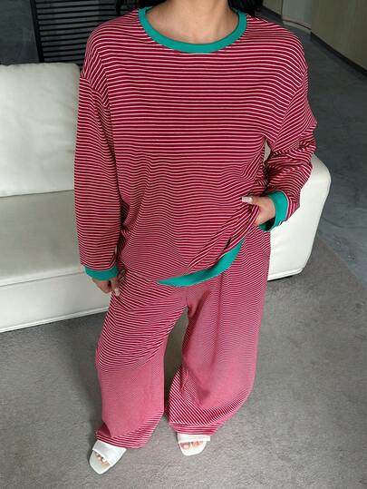 Dazy Plus Color Block Striped Loose Fit Long Sleeve Top And Long Pants Sleepwear Set, Plus Size Women, Spring/Autumn