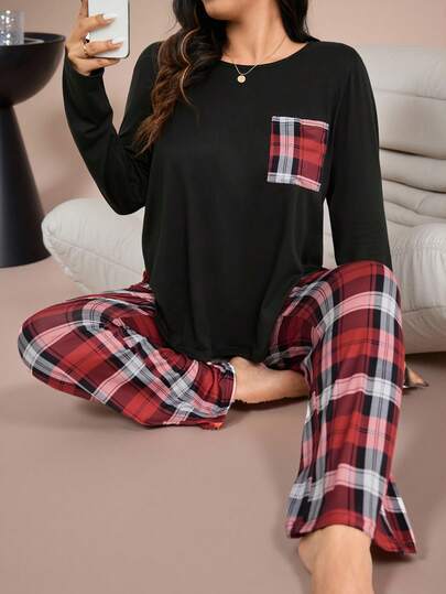 Lazeform 大码格子口袋圆领上衣和格子印花长裤睡衣套装，舒适优雅的细节设计，秋冬服装