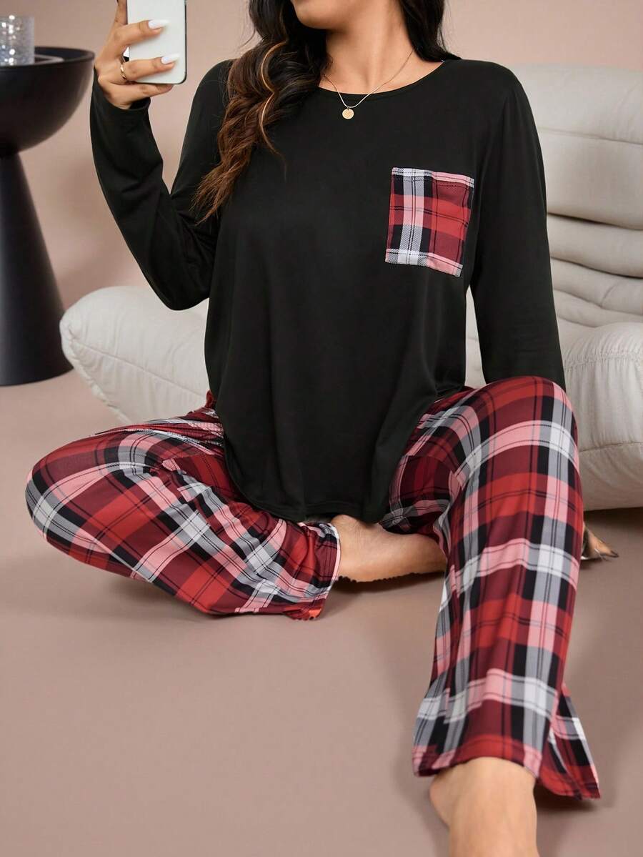 Lazeform 大码格子口袋圆领上衣和格子印花长裤睡衣套装，舒适优雅的细节设计，秋冬服装