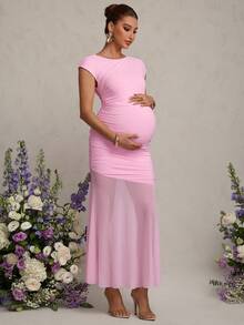 MaterniChic Vestido de maternidad casual de verano con contraste de malla y volantes