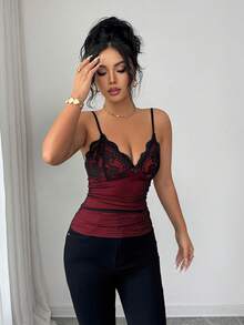 SHEIN Elenzya 蕾丝网纱拼接褶皱修身蝴蝶结吊带背心，优雅派对上衣 - 彩色 - 查看 5