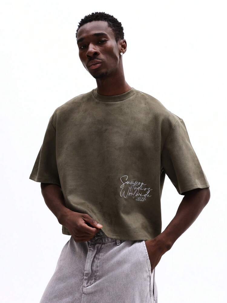 Boxy Embroidered Suede Crew Neck Tee
