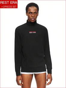 2pcs Men's Letter Embroidered Fashionable Base Layer Tops - Multicolor - View 1